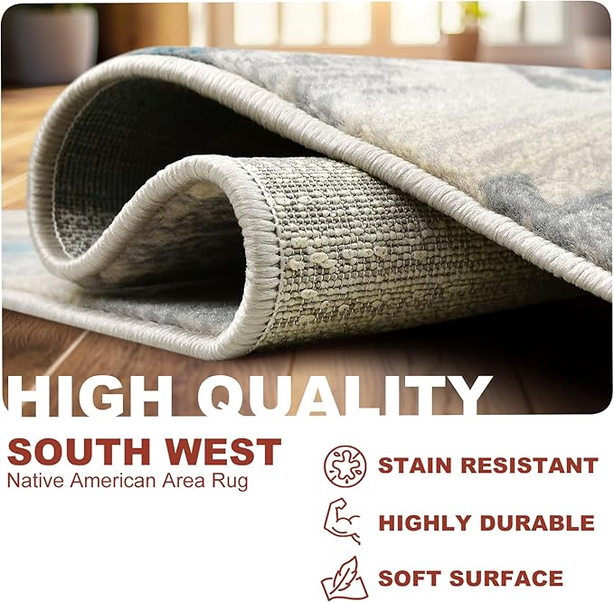 YHSF South West Native American Rug Ritz – Native Tribal American Indian Inspired Rug - Living Room, Bedroom, Hallway, Entryway & High-Traffic Area Rugs - Washable - Soft - Aqua, 5 Feet x 7 Feet