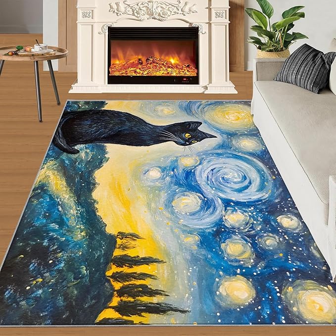 Black Cat Rugs for Bedroom - 3x4 Area Rug - Starry Sky Countryside Rugs for Living Room, Vintage Oil Painting Art Rug, Washable Home Decor Carpet