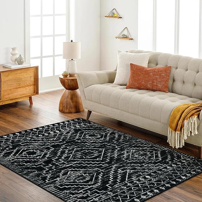 Wonnitar Moroccan Washable Area Rug 5x7, Black Large Rug for Living Room, Non-Slip Boho Bedroom Throw Mat, Low Pile Stain Resistant Geometric Floor Carpet for Dining Table Kitchen Dorm (Black,5'x7')