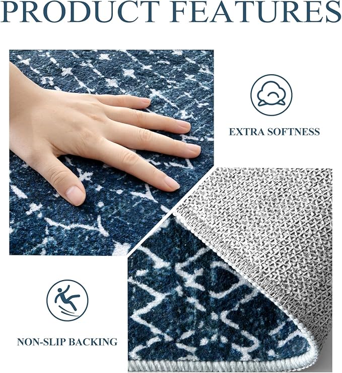 Lahome Moroccan Blue Runner Rug 2x6 Rug Non-Slip Stain Resistant Kitchen Rug Runner Low-Profile Washable Hallway Runners, Geometric Print Distressed Carpet for Entryway Laundry Room