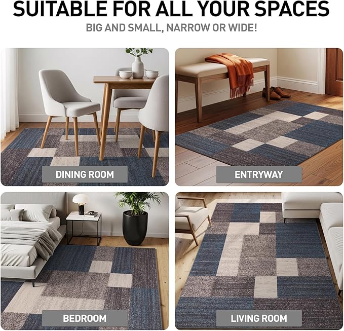 Rugshop Contemporary Blue Geometric Boxes Non-Slip Area Rug Non-Shedding for Living Room, Dining Room and Office, 10' x 14'