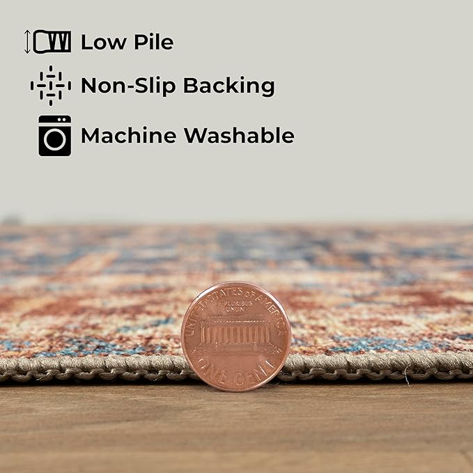 GLN Rugs Traditional Collection - Machine Washable Area Rug, Traditional Washable, Non Slip, Low Pile Chenille Rug, Living Room, Bedroom, Kitchen Rug (2'6" x 7' Terra/Slate Blue)