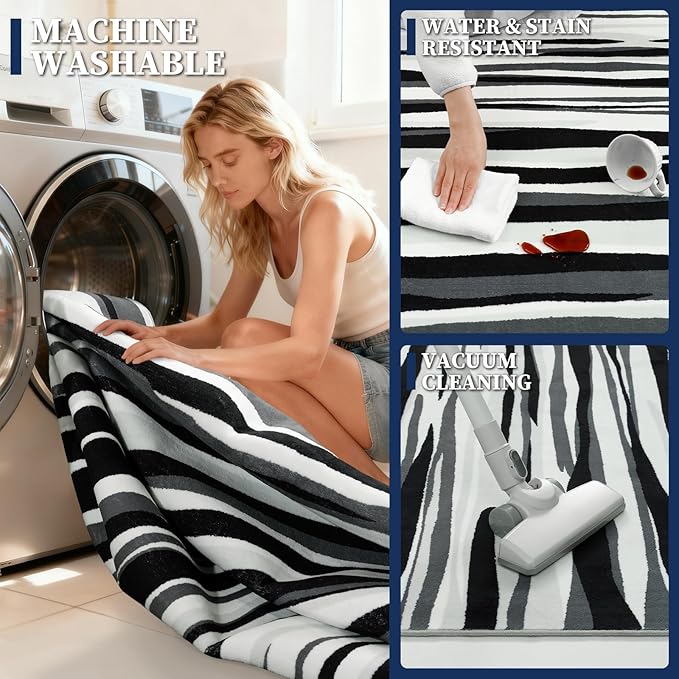 YIHOUSE 6×9 Ft Area Rugs for Living Room: Modern Abstract Black Grey and White Rug - Nonslip Washable Striped Rug for Bedroom Dining Room Office Playroom Nursery Home Decor