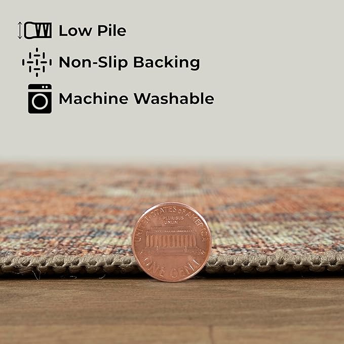 GLN Rugs Traditional Collection - Machine Washable Area Rug, Traditional Washable, Non Slip, Low Pile Chenille Rug, Living Room, Bedroom, Kitchen Rug (2'6" x 7' Terra/Multicolor)
