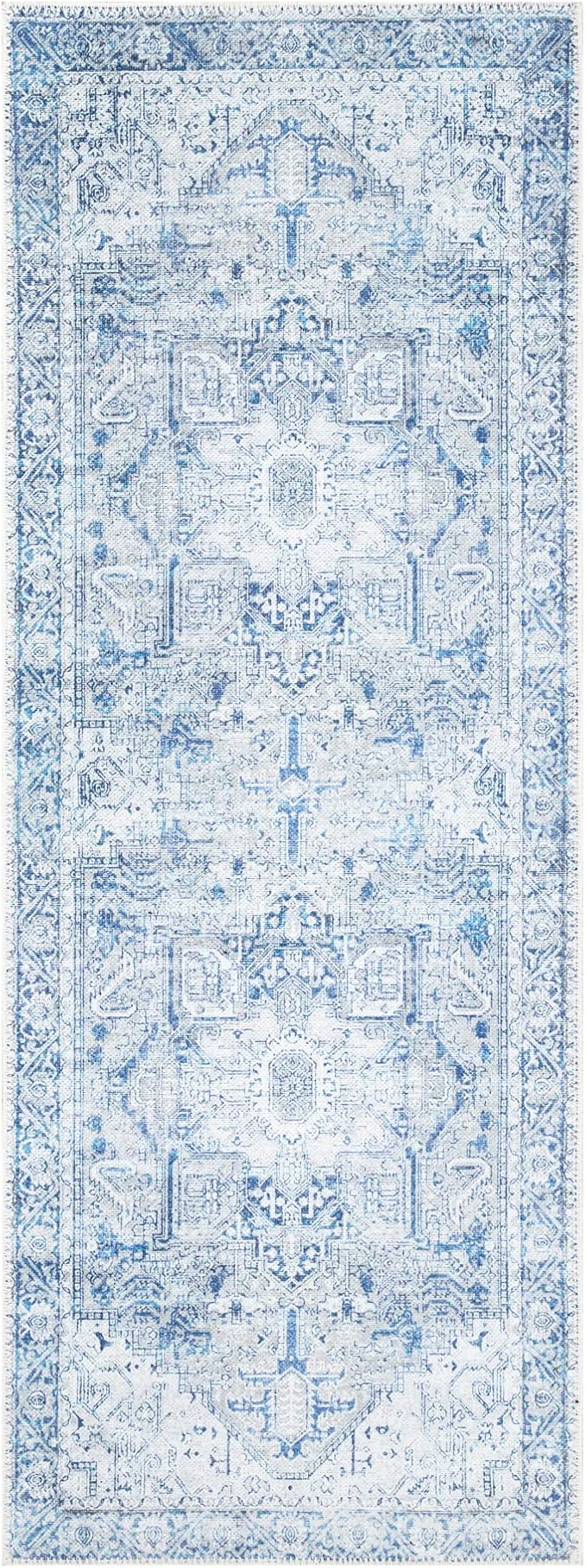 Bloom Rugs Washable Non-Slip 12 ft Runner - Blue/Gray Traditional Runner for Entryway, Hallway, Bathroom, and Kitchen - Exact Size: 2.5' x 12'