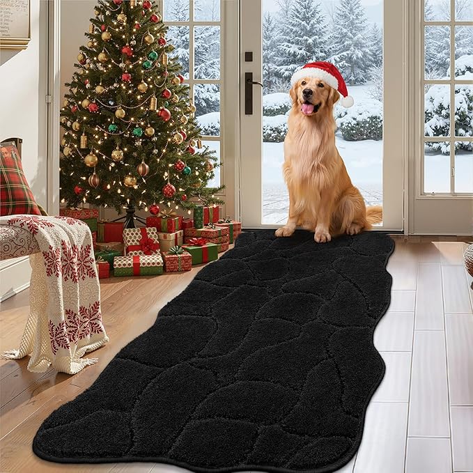 Large Dog Door Mat for Muddy Paws, 22x47 Absorbent Dirt Trapper Long Door Mat, Non-Slip Washable Mud Mat for Dogs, Polyester Microfiber Soft Pet Rug Mat for Entryway, Mud Dog Paws, Patio (Black)