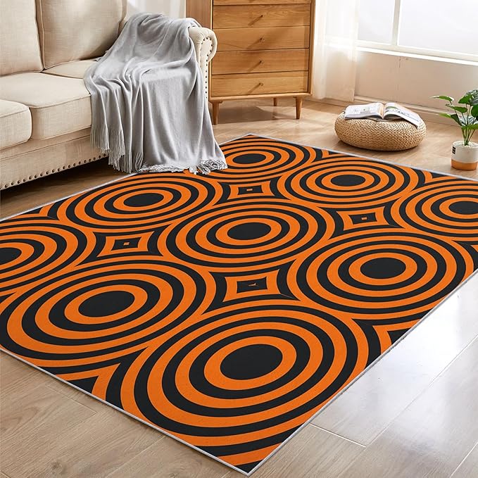 4x5 Geometric Circle Rugs for Bedroom Decor, Washable Retro 60s 70s Geometry Pattern Area Rug, Living Room Home Decoration, Non Slip Soft Thin, Black Orange Decor Carpet PF-P 49