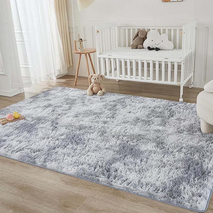 Andency Area Rugs 9x12 for Living Room Home Decor, Large Shaggy Bedroom Carpet, Non-Slip Big Shag Indoor Thick Soft Fluffy Furry Fur Area Rugs for Kids Dorm Nursery Aesthetic, Tie-Dyed Light Grey