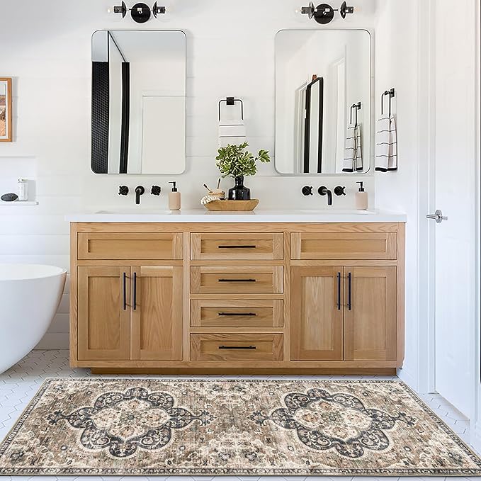 ReaLife Rugs Machine Washable Area Rug Runner - Living Room Bedroom Bathroom Kitchen Entryway Office - Padded Low Pile Stain Resistant Premium - Boho Farmhouse Vintage - Joy - Brown Beige 2'6" x 6'