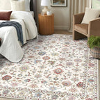 Washable Area Rug 5x8 - Boho Living Room Rug Soft Farmhouse Bedroom Rug Ultra-Thin Cream Colorful Vintage Traditional Floral Dining Room Rugs for Under Table Indoor Carpet for Living Room