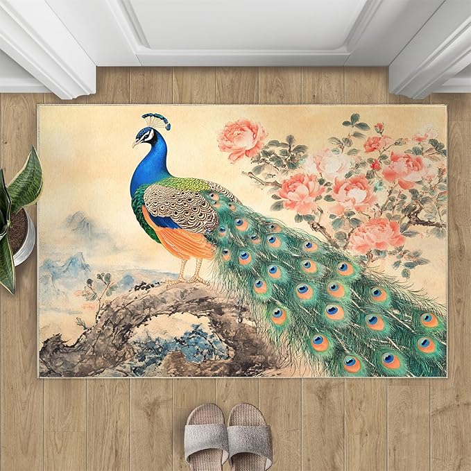 Peacock Peony Flower Area Rug 3x4-3x4 Rug, Classic Peacock Peony Rugs for Living Room, Oriental Carpet, Floral Animal Washable Area Rugs for Bedroom, Aesthetics Carpet - Peafowl Home Decor & Gifts