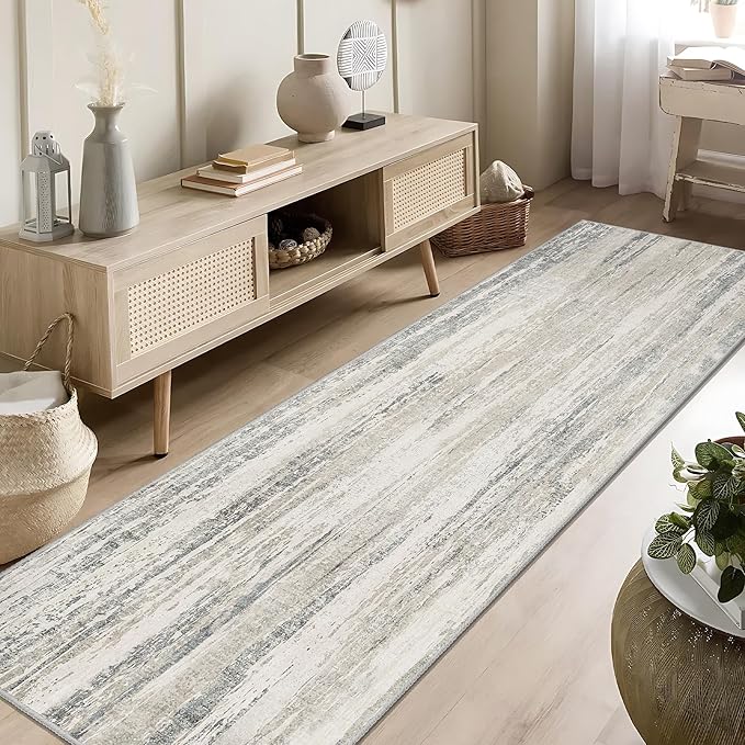 MUJOO Washable Runner Rug 2x8,Modern Abstract Area Rugs for Kitchen Hallways Bedroom Bedside Bathroom Laundry,Non Slip Throw Carpet Long Mat Indoor,Low Pile Accent Neutral Beige and Grey