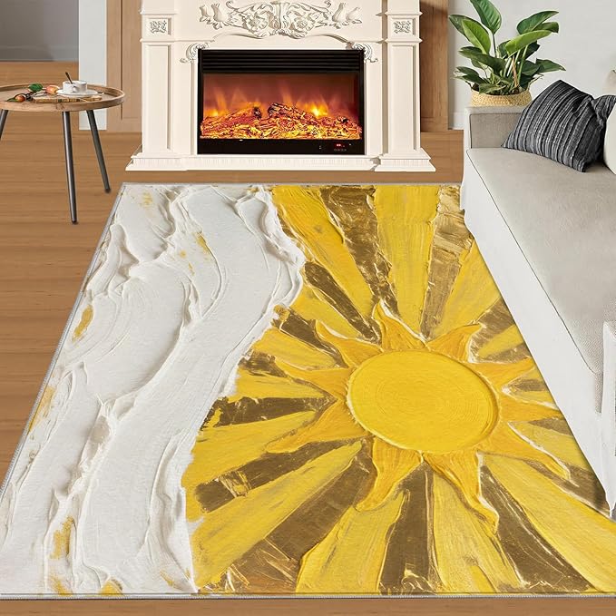 Boho Sun Area Rugs 4x6ft, Abstraction Deco Carpet for Bedroom, Minimalist Sunburst Rug for Living Room Easy to Clean for Indoor Outdoor Hardwood Floors Home Decor