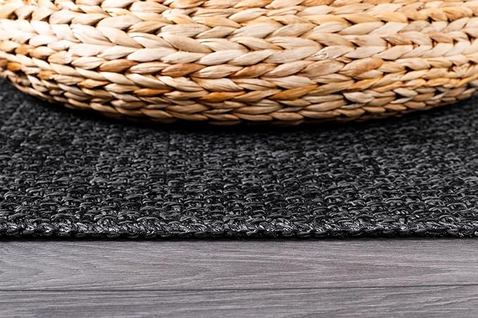 CAMILSON Easy Jute Rug 8x10, Indoor Outdoor Dark Gray Black Farmhouse Area Rugs for Living Room Patio and Kitchen Rug Solid Boho Woven Design Easy-Cleaning Washable Outside Carpet Alfombras (8 x 10)