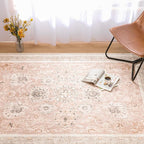 Phantoscope Washable Area Rug 5'x7' Non-Slip, Vintage Neutral Rugs for Living Room, Bedroom, Dining Room, Distressed Boho Floral Medallion Pattern, Low-Pile Foldable Floor Carpet, Soft Pink/Beige