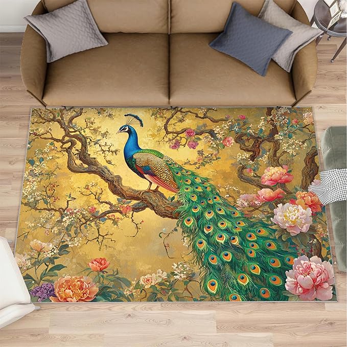 Peacock Peony Rugs for Bedroom - 5x7 Rug, Classic Peacock Peony Area Rugs for Living Room, Oriental Carpet, Floral Plant Washable Area Mat, Aesthetics Carpet - Peafowl Home Decor & Gifts
