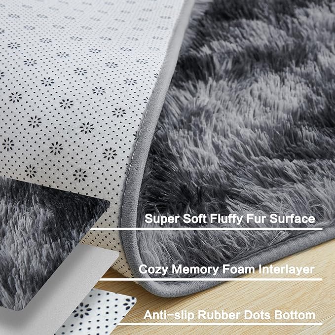 Andency 6x9 Area Rugs, Large Shag Fluffy Soft Shaggy Rugs for Living Room Bedroom, Non-Slip Tie-Dyed Dark Grey Thick Plush Carpet for Kids Girls and Boys, Dorm Nursery Home Decor Aesthetic