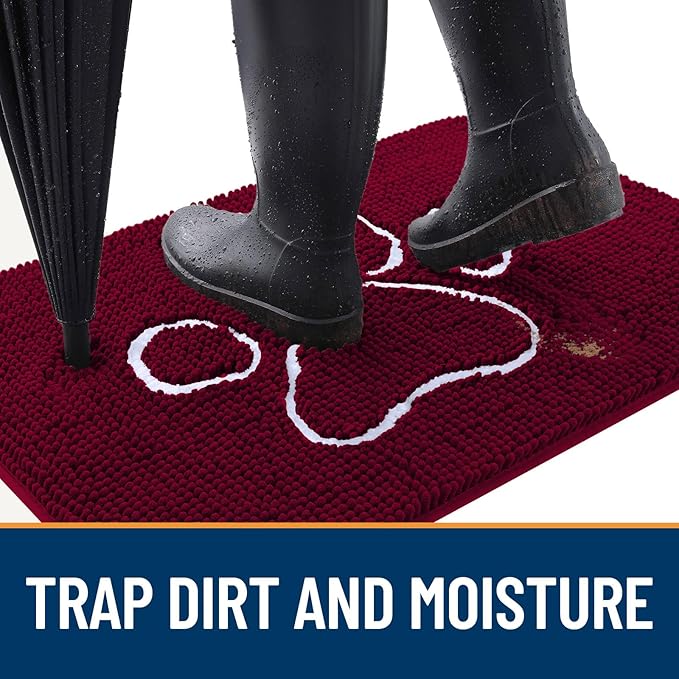OLANLY Dog Door Mat for Muddy Paws 48x30, Paw Print Design, Absorbs Moisture and Dirt, Absorbent Non-Slip Washable Doormat, Quick Dry Chenille Mud Mat for Dogs, Entry Indoor Entryway Carpet, Burgundy