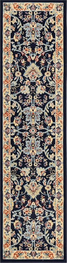 Rugs.com Yasmin Collection Rug – 8 Ft Runner Navy Blue Medium Rug Perfect for Hallways, Entryways