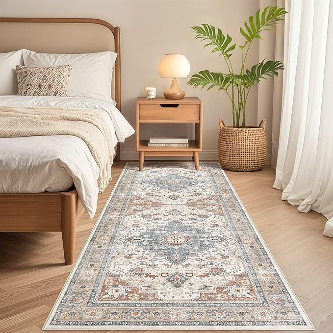 Runner Rug Kitchen Washable Rugs: 3x8 Non-Slip Boho Vintage Distressed Stain Resistant Indoor Neutral Farmhouse Throw Carpet for Hallway Bathroom Laundry Room Entryway Bedroom- Beige Blue