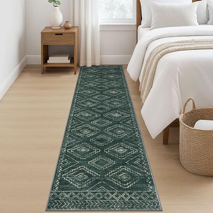 KILOCOCO Hallway Runner Rug 2'x8' Runners for Hallways Washable Runner Rug Non Slip Laundry Room Rug Low-Pile Rug Runner for Bedroom Kitchen Living Room Boho Rug, Green