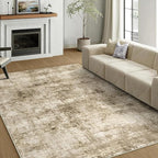5x7 Machine Washable Area Rug for Living Room, Brown Modern Vintage Abstract Rug Large Non-Slip Low Pile Soft Faux Wool Carpet, Kids and Pets Friendly for Bedroom Dining Room Farmhouse Home Decor Rug