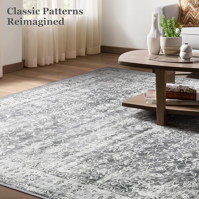Grey 5x7 Area Rugs for Living Room Bedroom, Washable Non Slip Low Pile Thin Soft Carpet Rugs for Dining Room/Kitchen/Home Office/Nursery, Vintage Neutral Gray with Accents
