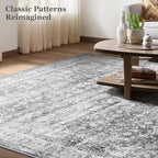 Grey 5x7 Area Rugs for Living Room Bedroom, Washable Non Slip Low Pile Thin Soft Carpet Rugs for Dining Room/Kitchen/Home Office/Nursery, Vintage Neutral Gray with Accents