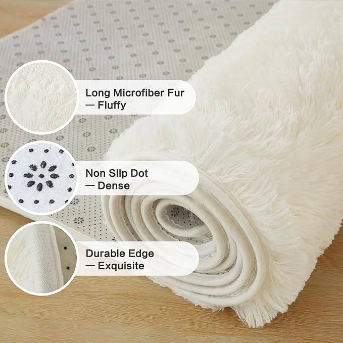Andency Cream Soft Area Rugs for Living Room Bedroom, 3x5 Non-Slip Fluffy Shag Carpet, Indoor Floor Fuzzy Shaggy Living Room Plush Rug for Kids Dorm Nursery Home Decor Aesthetic