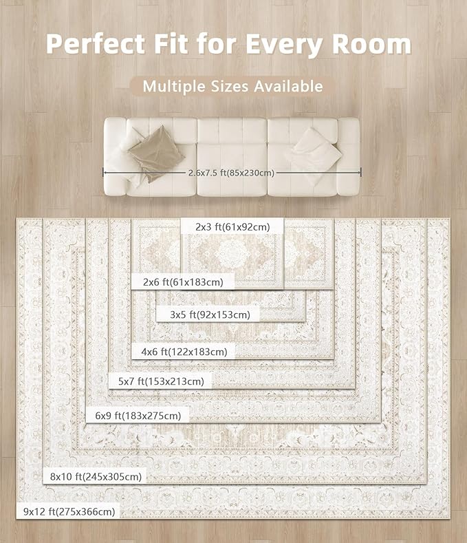 Area Rug 4x6 Entryway Rugs - Machine Washable Vintage Boho Area Rug Non-Slip Bedroom Rugs Soft Stain Resistant Living Room Carpet, Oriental Distressed Rug for Dining Room Nursery(Boho Beige, 4'x6')
