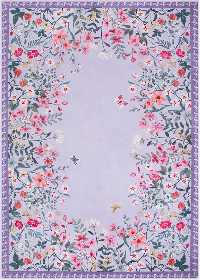 Wonnitar Washable Rug, 5x7 Purple Rugs for Living Room, Floral Print Non-Slip Pink Area Rugs for Bedroom Girls, Soft Large Throw Carpet for Kids Nursery Room (Purple,5'x7')