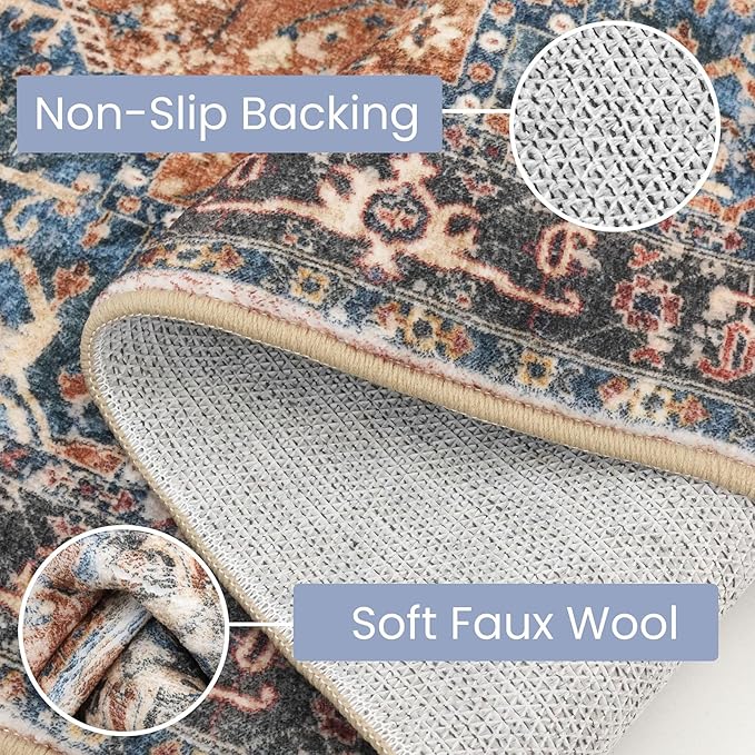 KOZYFLY Runners for Hallways 2x6 Ft Washable Kitchen Runner Rug Boho Runner Rug for Entryway Indoor Printed Oriental Faux Wool Floor Carpet Runner for Bedroom Kitchen Hall, Red/Navy Blue/Brown