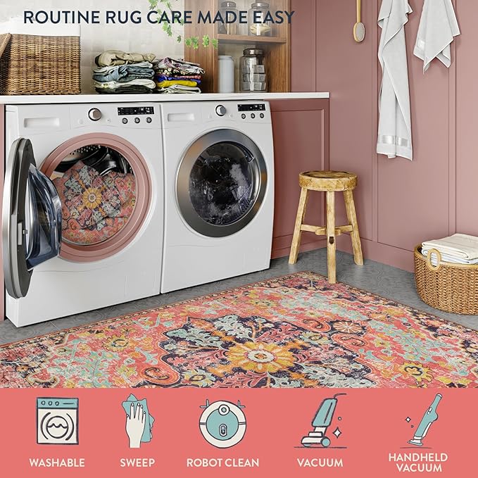 Lahome Bohemian Floral Medallion Runner Rug - 2x4 Hot Pink Bathroom Rug Runner, Machine Washable Non-Slip Hallway Mat Indoor Laundry Accent Carpet Runners for Kitchen Living Bedroom RV, Fuchsia/Multi