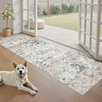 Washable Runner Rug for Hallway: 2.6x8 Neutral Modern Abstract Low Pile Area Rug with Non-Slip Backing - Carpet for Bedroom Kitchen Laundry Entryway Bathroom Indoor - Beige Blue