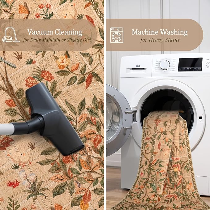 Morebes Washable Area Rugs 8x10, Boho Floral Living Room Carpet Non Slip, Soft Low-Pile Flower Birds Indoor Floor Throw Rug for Dining Room Home Office Playroom Foyer, Brown