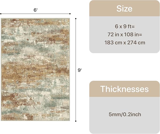 GENIMO Abstract Area Rug 6x9, Washable Large Modern Rug Non Slip, Low Pile Lightweight Soft Carpet for Living Room, Bedroom, Dining Room, Orange Green