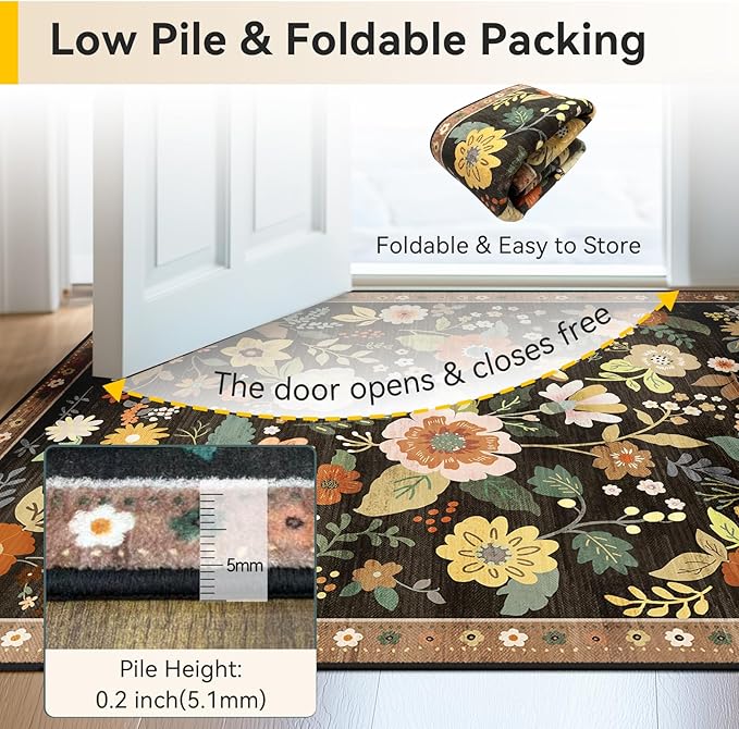 Floral 3x5 Area Rug Machine Washable Soft Print Boho Carpet Non Slip Doormat Low Pile Flower Area Rugs for Living Room Bedroom Nursery Kitchen Dining Room Indoor-Black/Yellow/Red