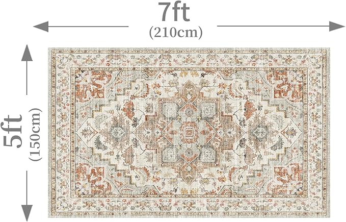 Enkor Area Soft Rugs 5x7 Washable Non Slip Boho Floor Rugs for Living Room Bedroom, Vintage Style Farmhouse Mat for Kitchen Entryway Beige & Orange