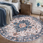 Tangsoo Vintage Round Rug 5ft,Washable Circle Rug, Non Slip Boho Round Area Rug, Low Pile Circular Rugs, Round Carpet for Bedroom,Livingroom,Nursery,Dorm,Office,Blue/Orange