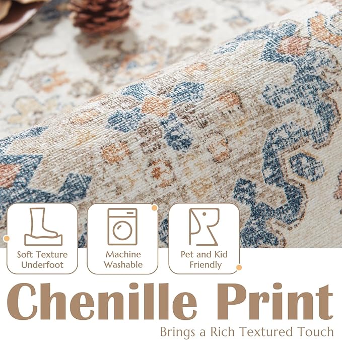 jinchan Area Rug 6x9 Washable Living Room Rug Vintage Distressed Orange Multi Floral Floor Cover Indoor Mat Retro Carpet Bedroom Office Kitchen Farmhouse