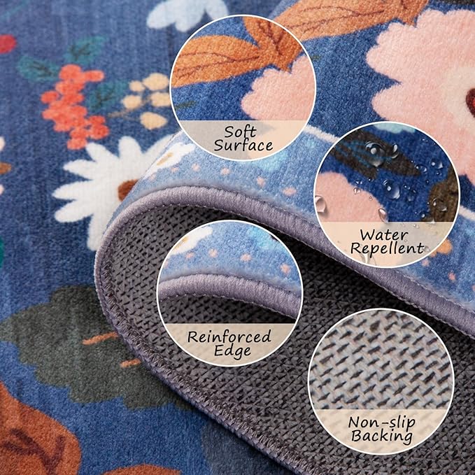 Floral 2x8 Area Rug Machine Washable Soft Print Boho Carpet Non Slip Doormat Low Pile Flower Area Rugs for Living Room Bedroom Nursery Kitchen Dining Room Indoor-Blue/Grey