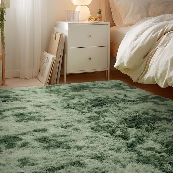Andency 8x10 Area Rugs for Living Room, Non-Slip Fluffy Soft Large Shag Bedroom Carpet, Tie-Dyed Army Green Big Indoor Thick Nursery Rug for Kids Dorm Home Decor Aesthetic