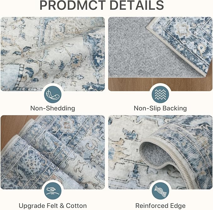 10x12 Area Rugs for Living Room, Machine Washable Rug, Non Slip Vintage Rugs, Low Pile Lightweight Print Rug for Bedroom, Dining Room, Home Office, Blue