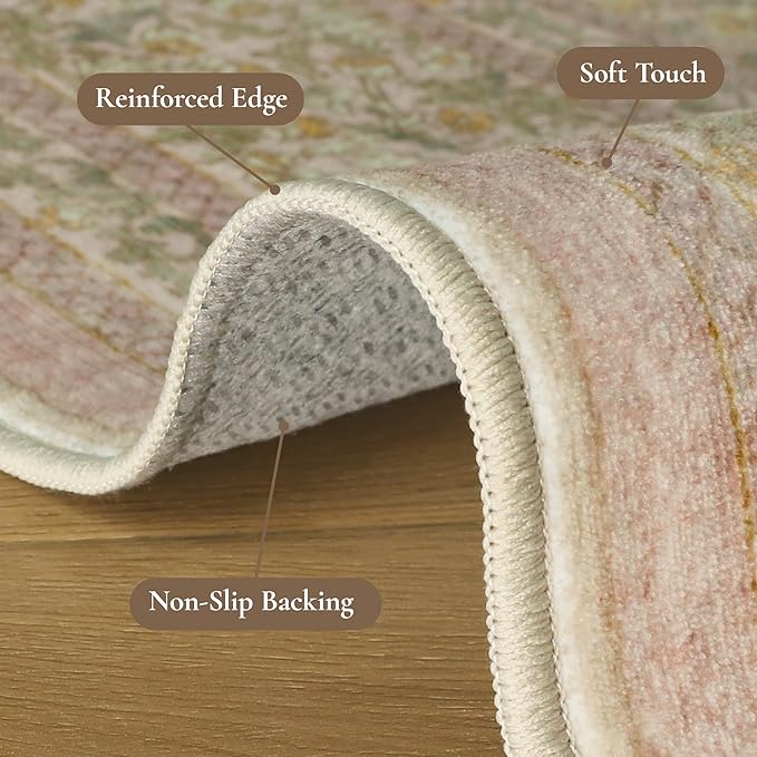 Bavni Small Throw 2x3 Vintage Floral Rug, Washable Non Slip Cute Area Rug for Entryway, Bedroom, Kitchen or Bathroom, Low Pile Carpet, Brown Pink