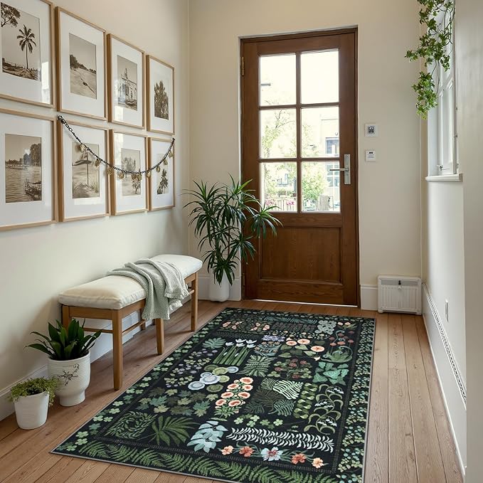 Floral Boho 3x5 Black Bathroom Entryway Kitchen Rug Non Slip Washable, Botanical Flower Area Rugs for Bedroom, Soft Modern Indoor Throw Carpet for Laundry Living Room Entrance (Black,3 x 5)