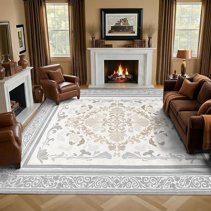 SOULFUL Medium Pile 4x6 Rugs for Living Room - Soft Foot Feel Area Rug - Light Taupe Boho Floral - Washable Non-Slip - Perfect for Bedroom Kids Room Under Dining Table Office