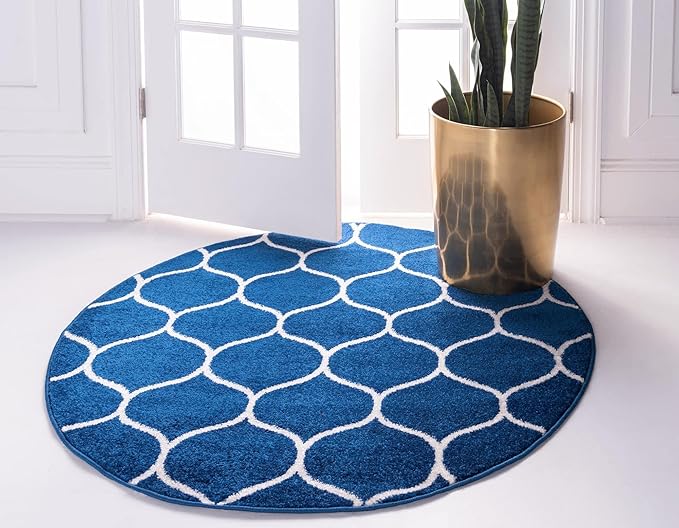 Rugs.com Lattice Frieze Collection Rug – 6' Round Navy Blue Medium Rug Perfect for Kitchens, Dining Rooms