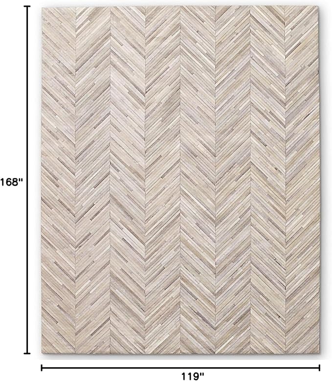 Elegant Rectangular Rug Cowhide Leather Stylish Non Slip Chevron Patchwork Area Rug for Bedroom, Indoor and Outdoor Floor Carpet (Beige-9.9 x 14 ft)