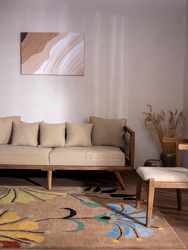 Rugsotic Carpets Hand Tufted Wool ECO-Friendly Area Rugs - 9'x12', Rectangle Shape, Camel, Floral Modern Design, High Pile Thick Handmade Anti Skid Area Rugs for Living Room, Bed Room (K00219)
