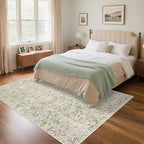 Washable Living Room Rug: 5x7 Boho Floral Soft Area Rug for Bedroom Decor - Vintage Low Pile Thin Carpet for Dining Room Non-Slip - Farmhouse Stain Resistant Rugs - Beige Green